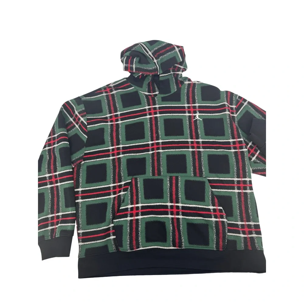 Jordan Plaid Hoodie Mens XXL Green Black Red Jumpman Fleece Pullover Streetwear